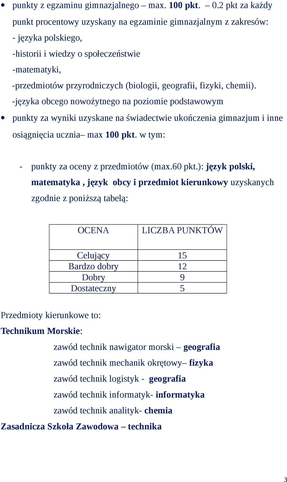 fizyki, chemii). -języka obcego nowożytnego na poziomie podstawowym punkty za wyniki uzyskane na świadectwie ukończenia gimnazjum i inne osiągnięcia ucznia max 100 pkt.