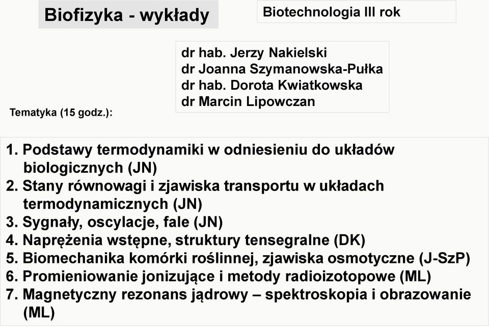 Stany równowagi i zjawiska transportu w układach termodynamicznych (JN) 3. Sygnały, oscylacje, fale (JN) 4.