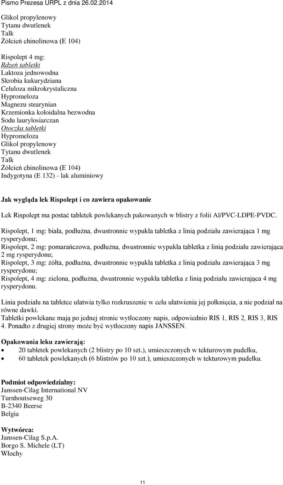 zawiera opakowanie Lek Rispolept ma postać tabletek powlekanych pakowanych w blistry z folii Al/PVC-LDPE-PVDC.