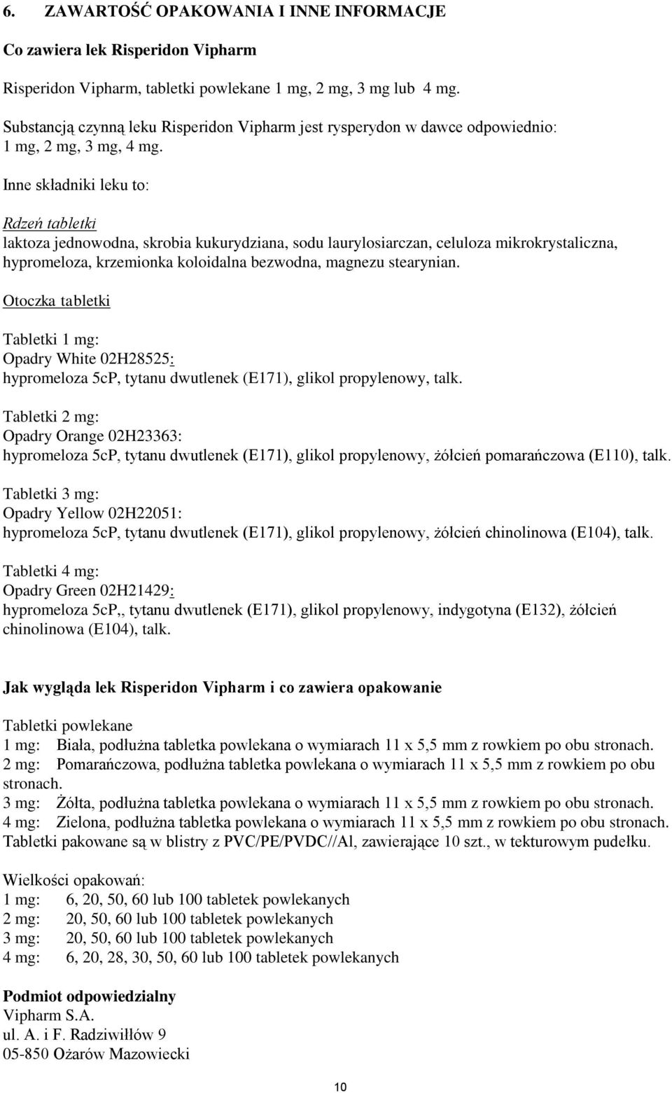 Inne składniki leku to: Rdzeń tabletki laktoza jednowodna, skrobia kukurydziana, sodu laurylosiarczan, celuloza mikrokrystaliczna, hypromeloza, krzemionka koloidalna bezwodna, magnezu stearynian.