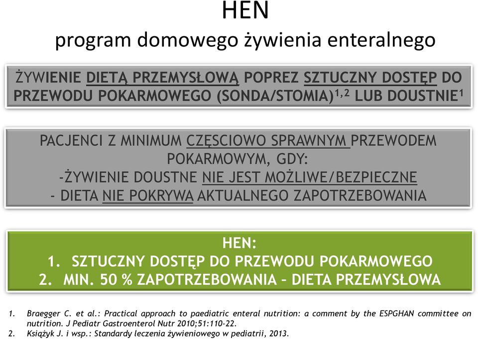 SZTUCZNY DOSTĘP DO PRZEWODU POKARMOWEGO 2. MIN. 50 % ZAPOTRZEBOWANIA DIETA PRZEMYSŁOWA 1. Braegger C. et al.