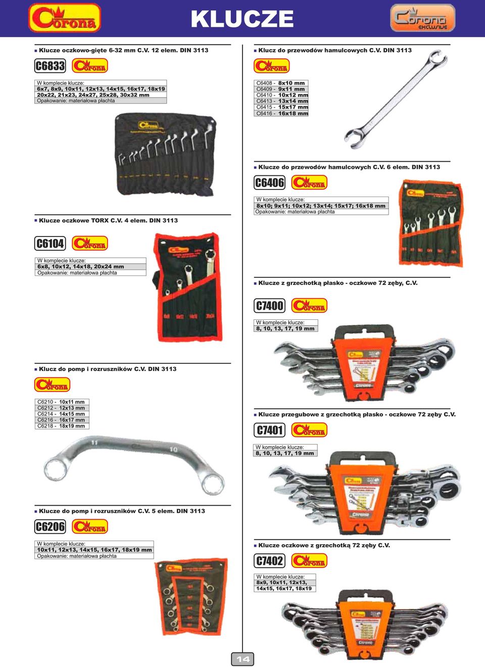 V. C7400 Klucz do pomp i rozruszników C.V. DIN 3113 Klucze przegubowe z grzechotką płasko - oczkowe 72 zęby C.V. C7401 Klucze do pomp i rozruszników C.