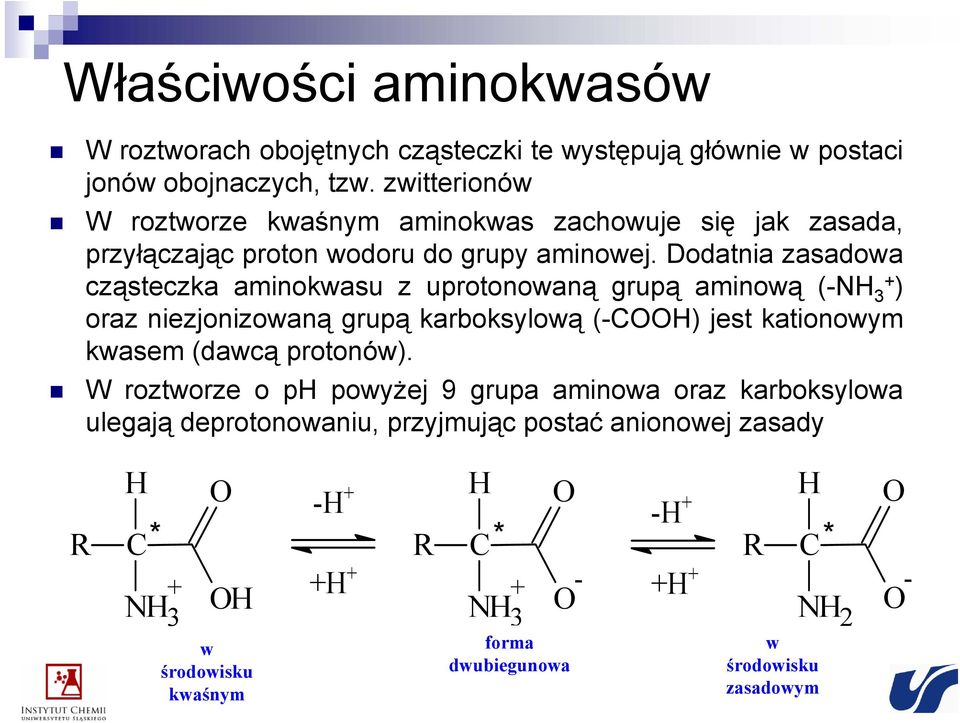 Dodatnia zasadowa cząsteczka aminokwasu z uprotonowaną grupą aminową (-N 3+ ) oraz niezjonizowaną grupą karboksylową (-COO) jest kationowym kwasem (dawcą