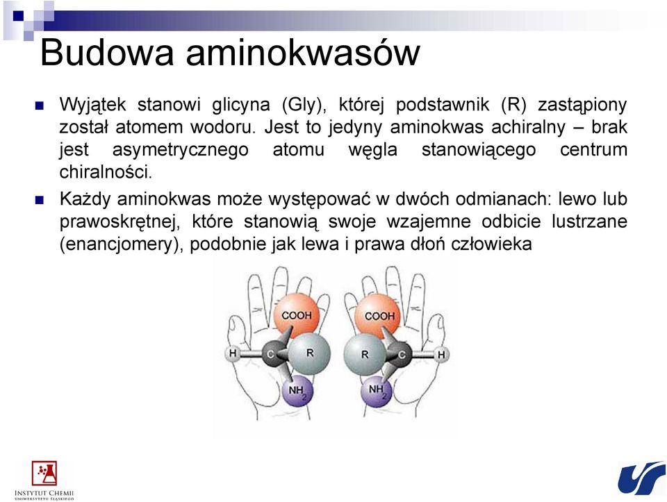 Jest to jedyny aminokwas achiralny brak jest asymetrycznego atomu węgla stanowiącego centrum