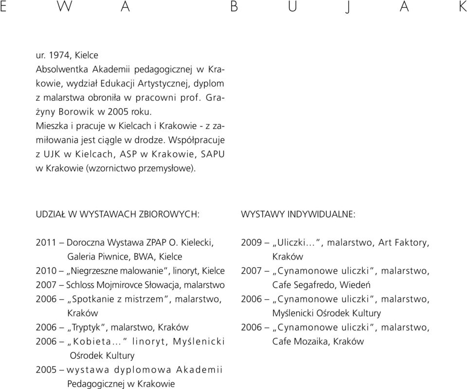 UDZIAŁ W WYSTAWACH ZBIOROWYCH: WYSTAWY INDYWIDUALNE: 2011 Doroczna Wystawa ZPAP O.