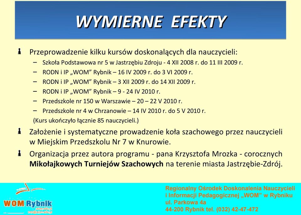 Przedszkole nr 150 w Warszawie 20 22 V 2010 r. Przedszkole nr 4 w Chrzanowie 14 IV 2010 r. do 5 V 2010 r. (Kurs ukończyło łącznie 85 nauczycieli.