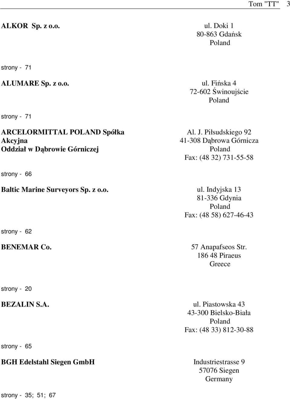Indyjska 13 81-336 Gdynia Fax: (48 58) 627-46-43 strony - 62 BENEMAR Co. 57 Anapafseos Str. 186 48 Piraeus Greece strony - 20 BEZALIN S.A. ul.