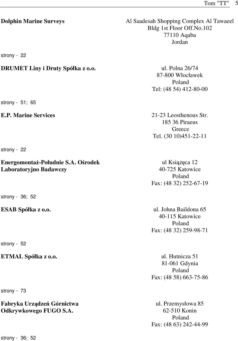 (30 10)451-22-11 strony - 22 Energomontaż-Południe S.A. Ośrodek Laboratoryjno Badawczy ul Książęca 12 40-725 Katowice Fax: (48 32) 252-67-19 strony - 36; 52 ESAB Spółka z o.o. ul. Johna Baildona 65 40-115 Katowice Fax: (48 32) 259-98-71 strony - 52 ETMAL Spółka z o.