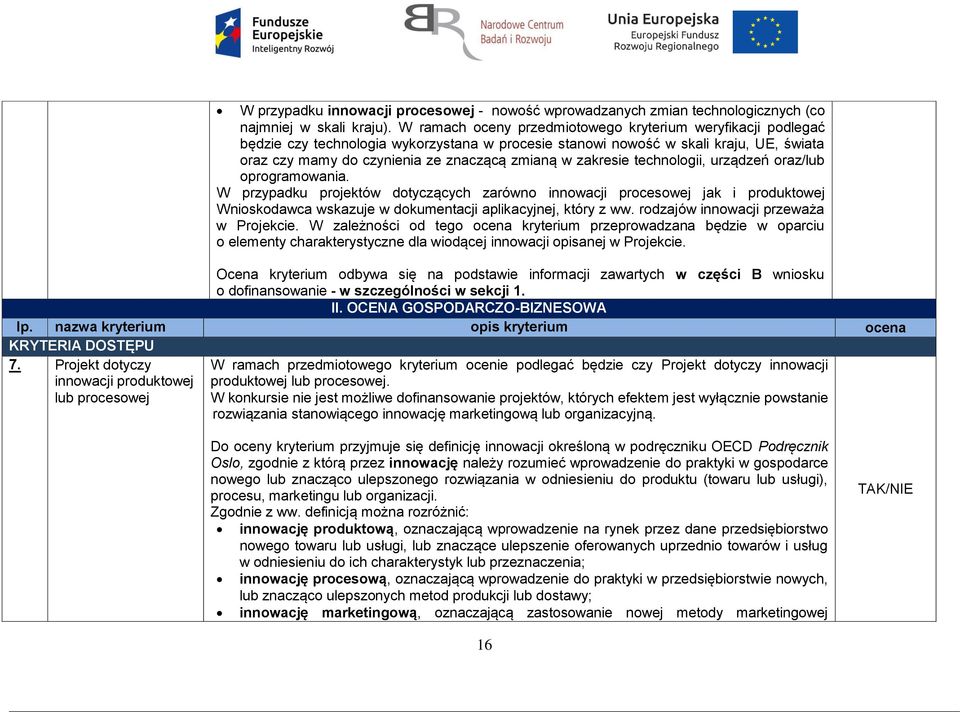 zakresie technologii, urządzeń oraz/lub oprogramowania. W przypadku projektów dotyczących zarówno innowacji procesowej jak i produktowej Wnioskodawca wskazuje w dokumentacji aplikacyjnej, który z ww.