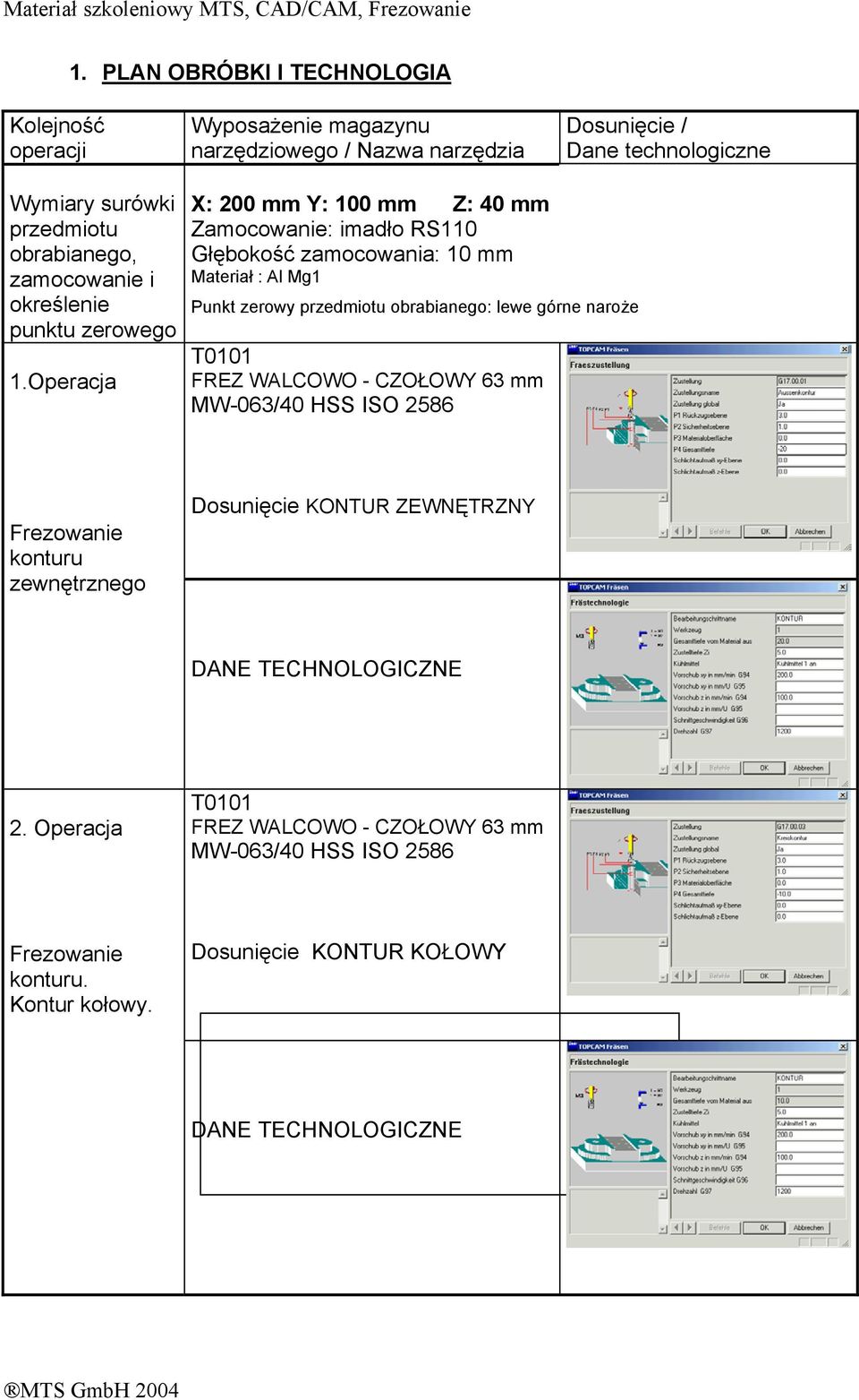 Operacja X: 200 mm Y: 100 mm Z: 40 mm Zamocowanie: imadło RS110 Głębokość zamocowania: 10 mm Materiał : Al Mg1 Punkt zerowy przedmiotu obrabianego: lewe górne naroże T0101