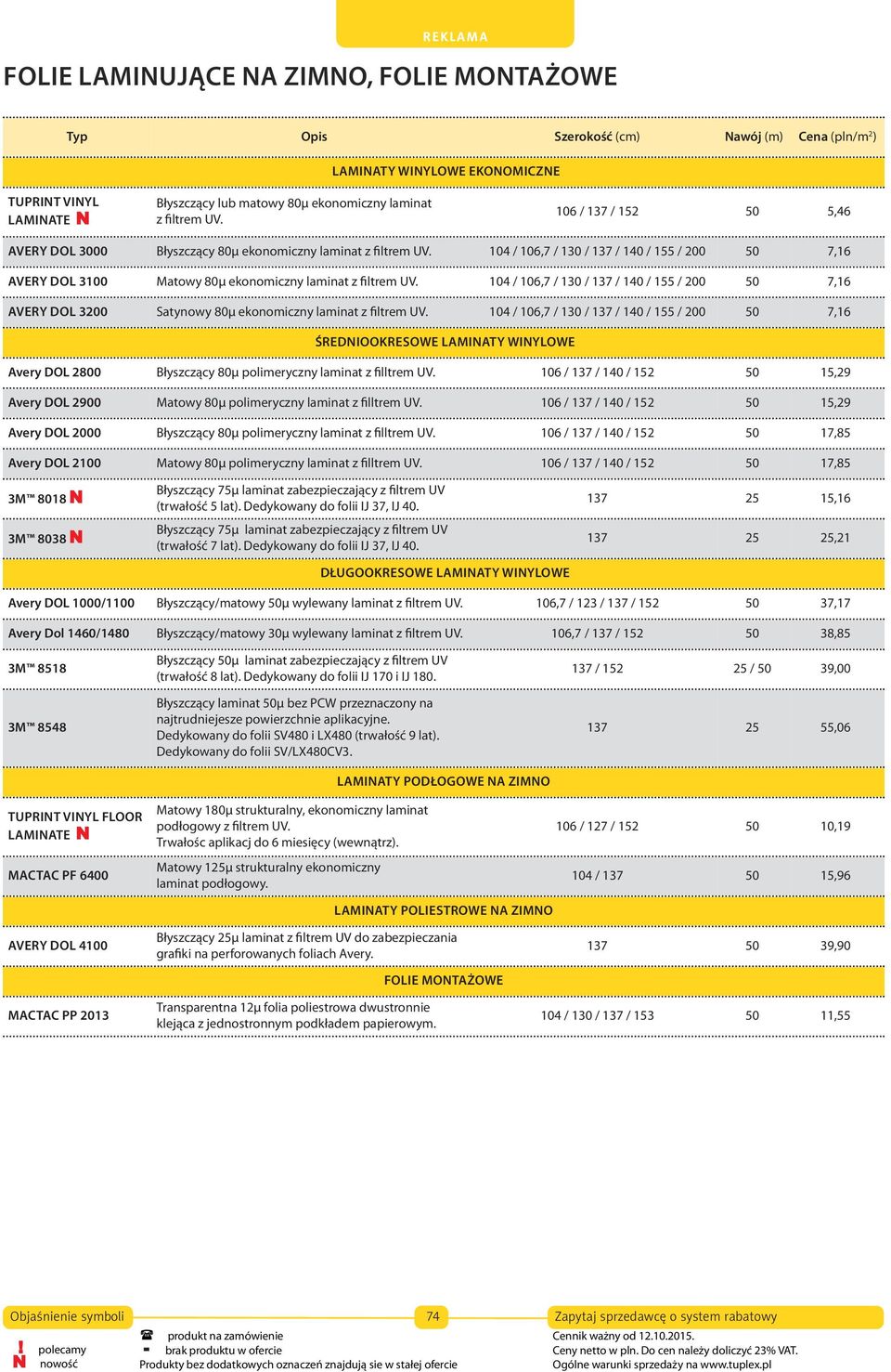 104 / 106,7 106 / 130 / 137 / 137 / 152 / 140 / 155 / 200 50 50 5,46 7,07 laminate N z filtrem UV. Avery DOL 3200 Satynowy 80µ ekonomiczny laminat z filtrem UV.