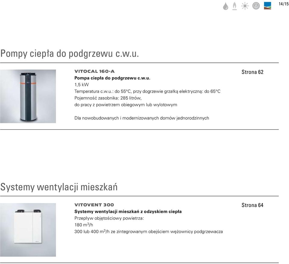 VITOCAL 160-A Pompa ciepła do podgrzewu  1,5 Temperatura : do 55 C, przy dogrzewie grzałką elektryczną: do 65 C Pojemność