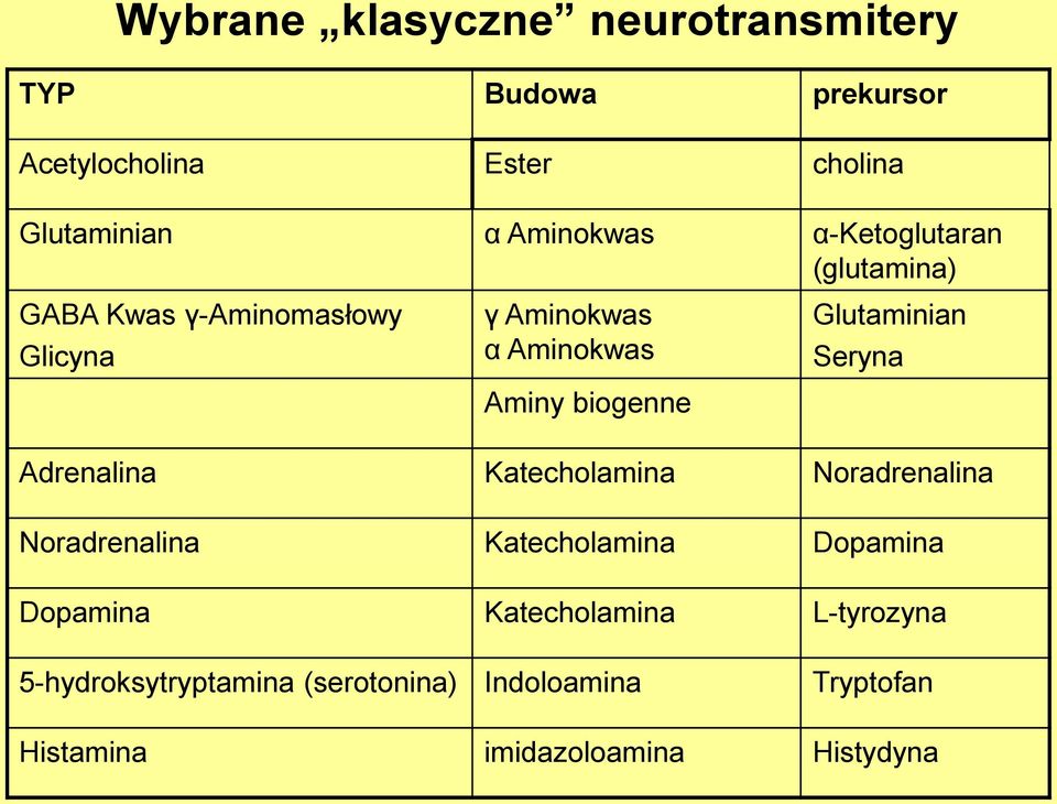 biogenne Glutaminian Seryna Adrenalina Katecholamina Noradrenalina Noradrenalina Katecholamina Dopamina