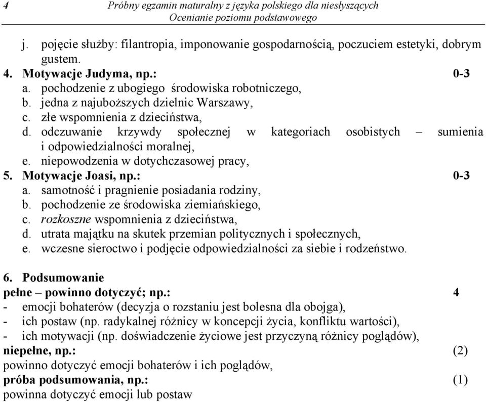 odczuwanie krzywdy społecznej w kategoriach osobistych sumienia i odpowiedzialności moralnej, e. niepowodzenia w dotychczasowej pracy, 5. Motywacje Joasi, np.: 0- a.