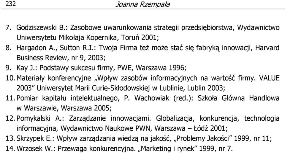 Materiały konferencyjne Wpływ zasobów informacyjnych na wartość firmy. VALUE 2003 Uniwersytet Marii Curie-Skłodowskiej w Lublinie, Lublin 2003; 11. Pomiar kapitału intelektualnego, P. Wachowiak (red.