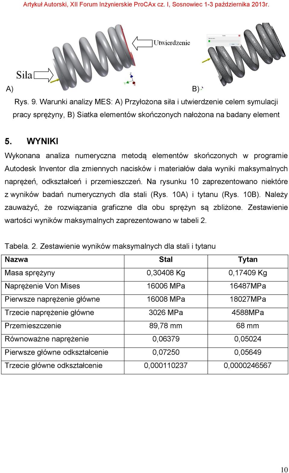 Na rysunku 10 zaprezentowano niektóre z wyników badań numerycznych dla stali (Rys. 10A) i tytanu (Rys. 10B). Należy zauważyć, że rozwiązania graficzne dla obu sprężyn są zbliżone.
