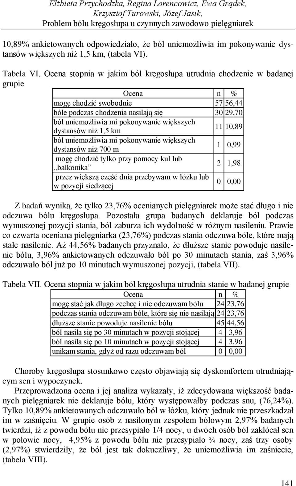 Ocena stopnia w jakim ból kręgosłupa utrudnia chodzenie w badanej grupie mogę chodzić swobodnie 57 56,44 bóle podczas chodzenia nasilają się 30 29,70 ból uniemożliwia mi pokonywanie większych