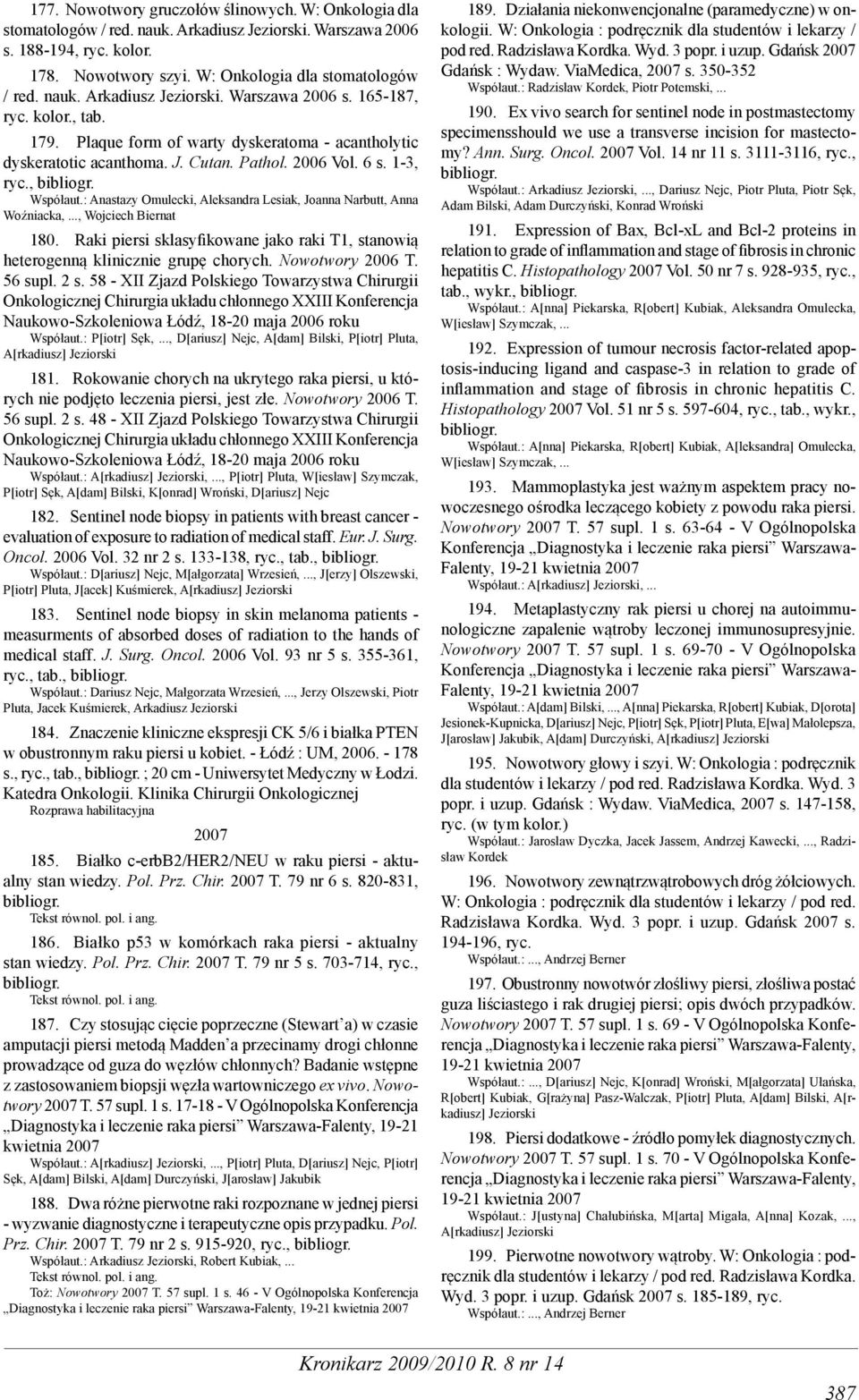 : Anastazy Omulecki, Aleksandra Lesiak, Joanna Narbutt, Anna Woźniacka,..., Wojciech Biernat 180. Raki piersi sklasyfikowane jako raki T1, stanowią heterogenną klinicznie grupę chorych.