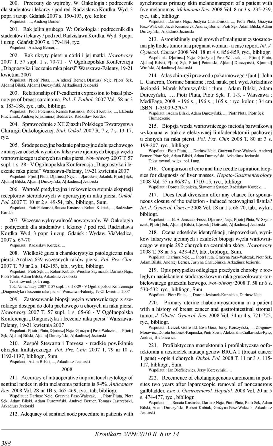 Rak ukryty piersi u córki i jej matki. Nowotwory 2007 T. 57 supl. 1 s. 70-71 - V Ogólnopolska Konferencja Diagnostyka i leczenie raka piersi Warszawa-Falenty, 19-21 kwietnia 2007 Współaut.