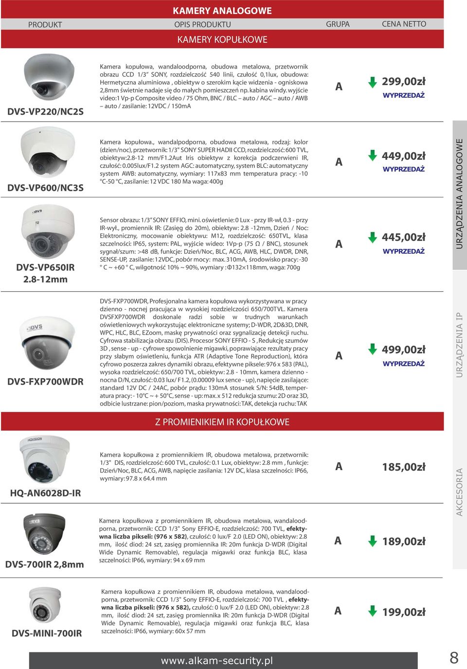 wyjście video:1 Vp-p Composite video / 75 Ohm, NC / LC auto / GC auto / W auto / zasilanie: 12VDC / 150m 299,00zł WYPRZEDŻ DVS-VP600/NC3S DVS-VP650IR 2.8-12mm Kamera kopułowa.