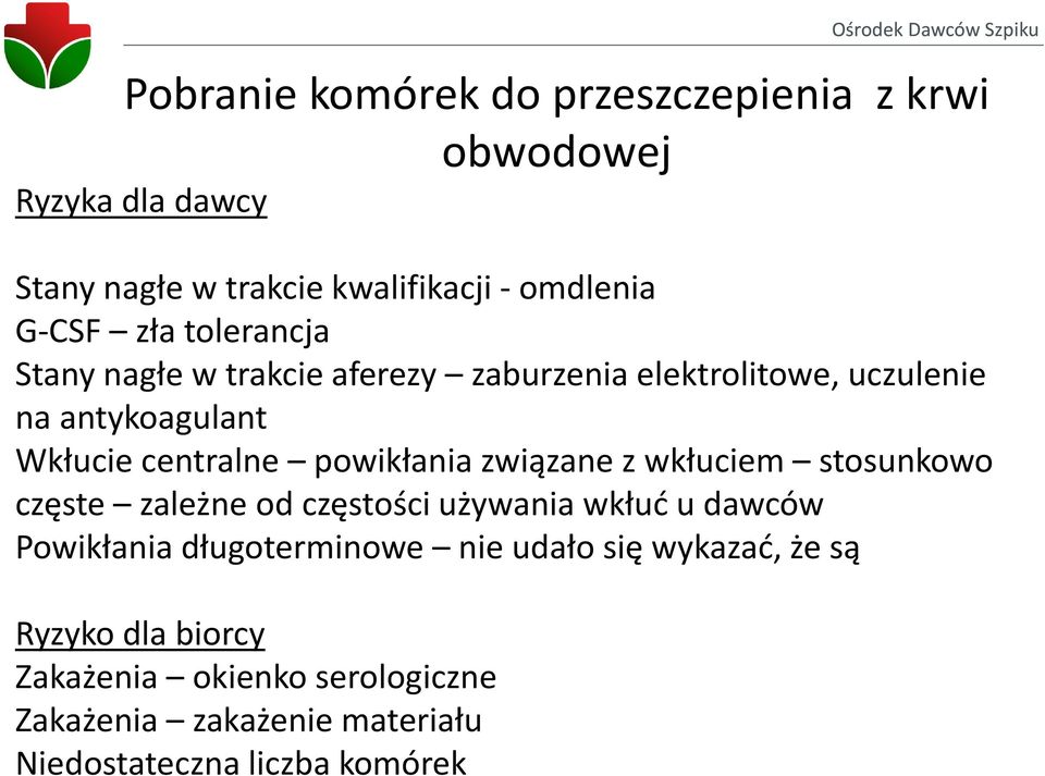 powikłania związane z wkłuciem stosunkowo częste zależne od częstości używania wkłuć u dawców Powikłania długoterminowe nie