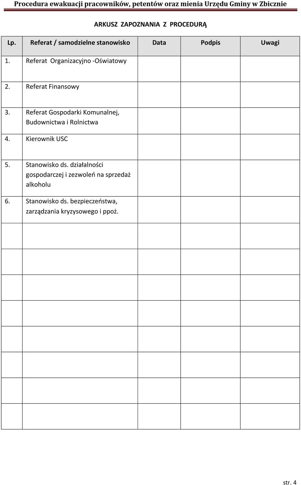 Referat Gospodarki Komunalnej, Budownictwa i Rolnictwa 4. Kierownik USC 5. Stanowisko ds.