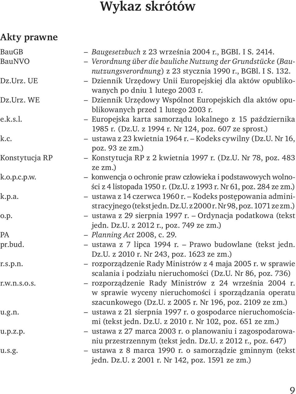 e.k.s.l. Europejska karta samorządu lokalnego z 15 października 1985 r. (Dz.U. z 1994 r. Nr 124, poz. 607 ze sprost.) k.c. ustawa z 23 kwietnia 1964 r. Kodeks cywilny (Dz.U. Nr 16, poz. 93 ze zm.