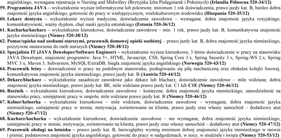 B, bardzo dobra znajomość języka angielskiego, gotowość do pracy w wielojęzycznym, wielokulturowym środowisku (Hiszpania 520-35/12) 60.