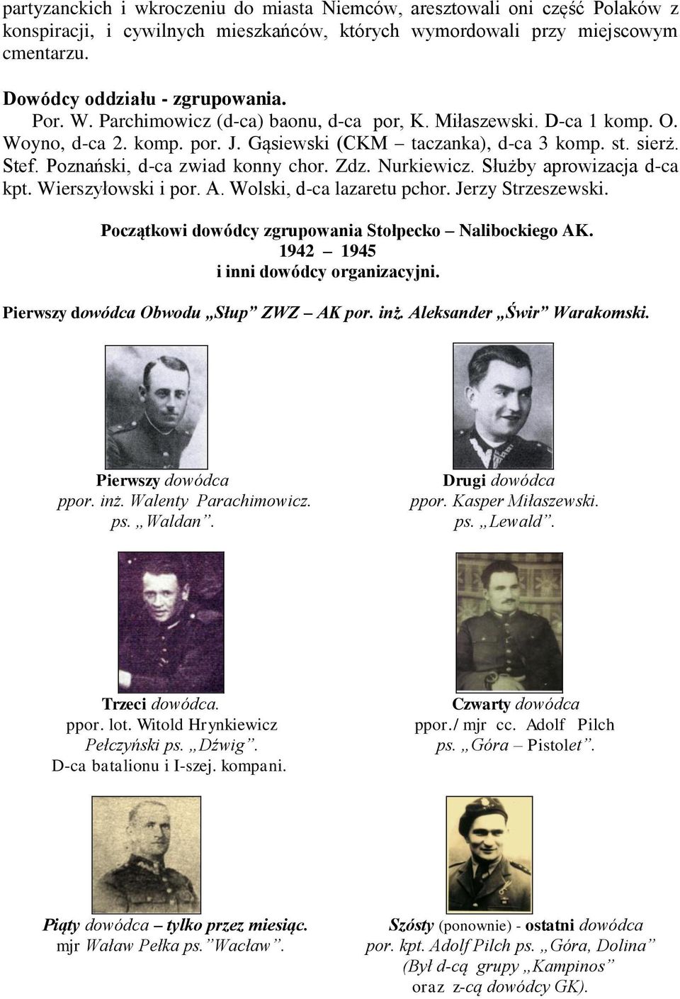Nurkiewicz. Służby aprowizacja d-ca kpt. Wierszyłowski i por. A. Wolski, d-ca lazaretu pchor. Jerzy Strzeszewski. Początkowi dowódcy zgrupowania Stołpecko Nalibockiego AK.