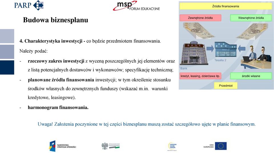 specyfikację techniczną; - planowane źródła finansowania inwestycji; w tym określenie stosunku środków własnych do zewnętrznych