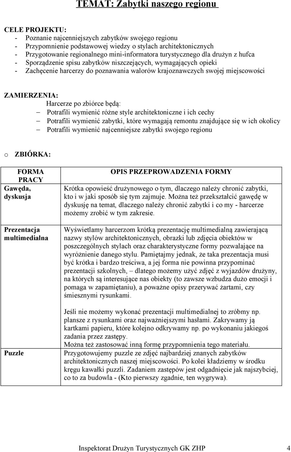 ZAMIERZENIA: Harcerze po zbiórce będą: Potrafili wymienić różne style architektoniczne i ich cechy Potrafili wymienić zabytki, które wymagają remontu znajdujące się w ich okolicy Potrafili wymienić