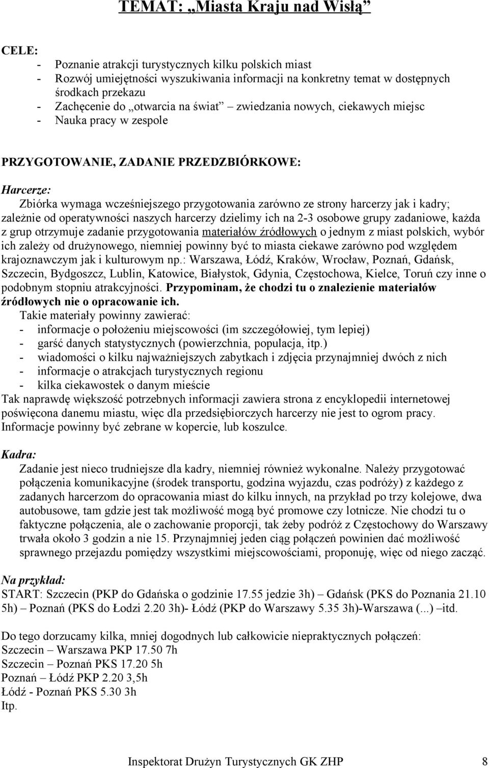 harcerzy jak i kadry; zależnie od operatywności naszych harcerzy dzielimy ich na 2-3 osobowe grupy zadaniowe, każda z grup otrzymuje zadanie przygotowania materiałów źródłowych o jednym z miast