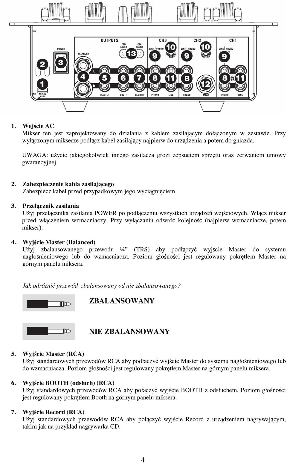 Przełącznik zasilania Użyj przełącznika zasilania POWER po podłączeniu wszystkich urządzeń wejściowych. Włącz mikser przed włączeniem wzmacniaczy.