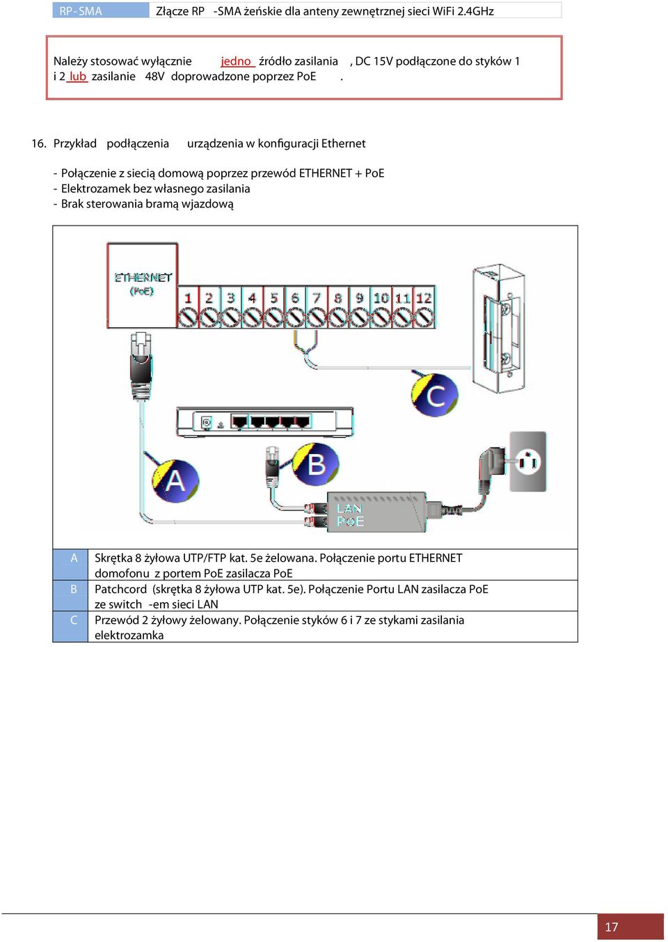 Przykład podłączenia urządzenia w konfiguracji Ethernet - Połączenie z siecią domową poprzez przewód ETHERNET + PoE - Elektrozamek bez własnego zasilania - Brak sterowania
