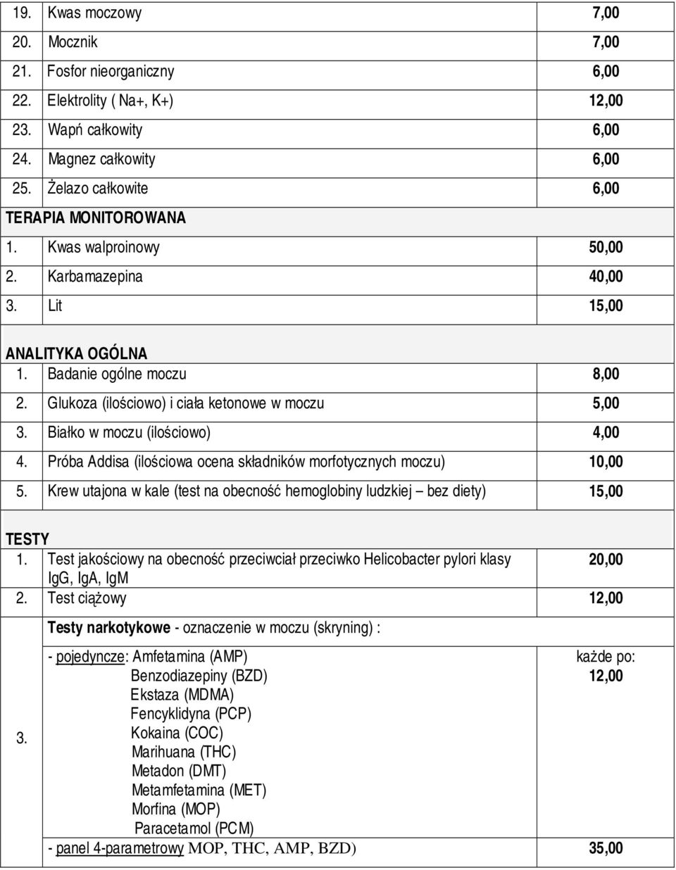 Glukoza (ilościowo) i ciała ketonowe w moczu 5,00 3. Białko w moczu (ilościowo) 4,00 4. Próba Addisa (ilościowa ocena składników morfotycznych moczu) 10,00 5.