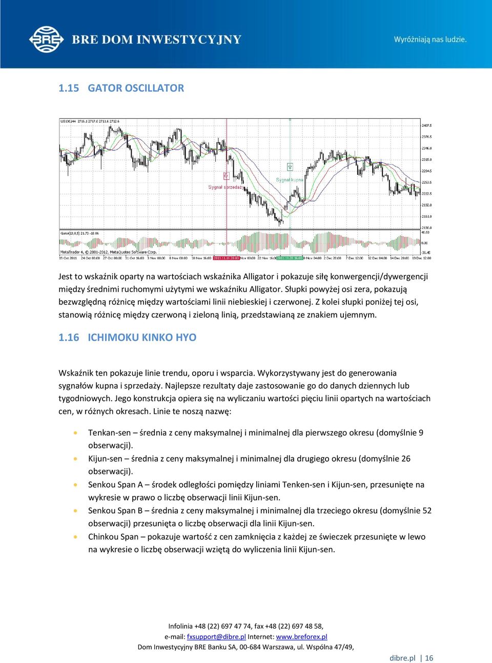 Z kolei słupki poniżej tej osi, stanowią różnicę między czerwoną i zieloną linią, przedstawianą ze znakiem ujemnym. 1.16 ICHIMOKU KINKO HYO Wskaźnik ten pokazuje linie trendu, oporu i wsparcia.