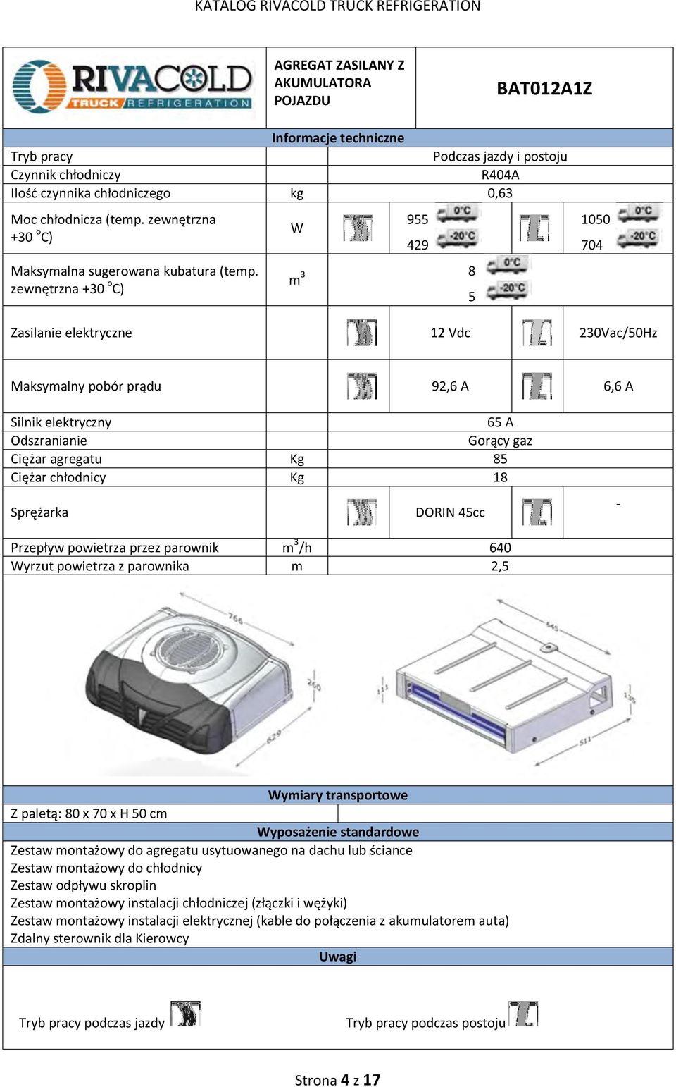 elektryczny 65 A Ciężar agregatu Kg 85 Ciężar chłodnicy Kg 18 DORIN 45cc Przepływ powietrza przez parownik m 3 /h