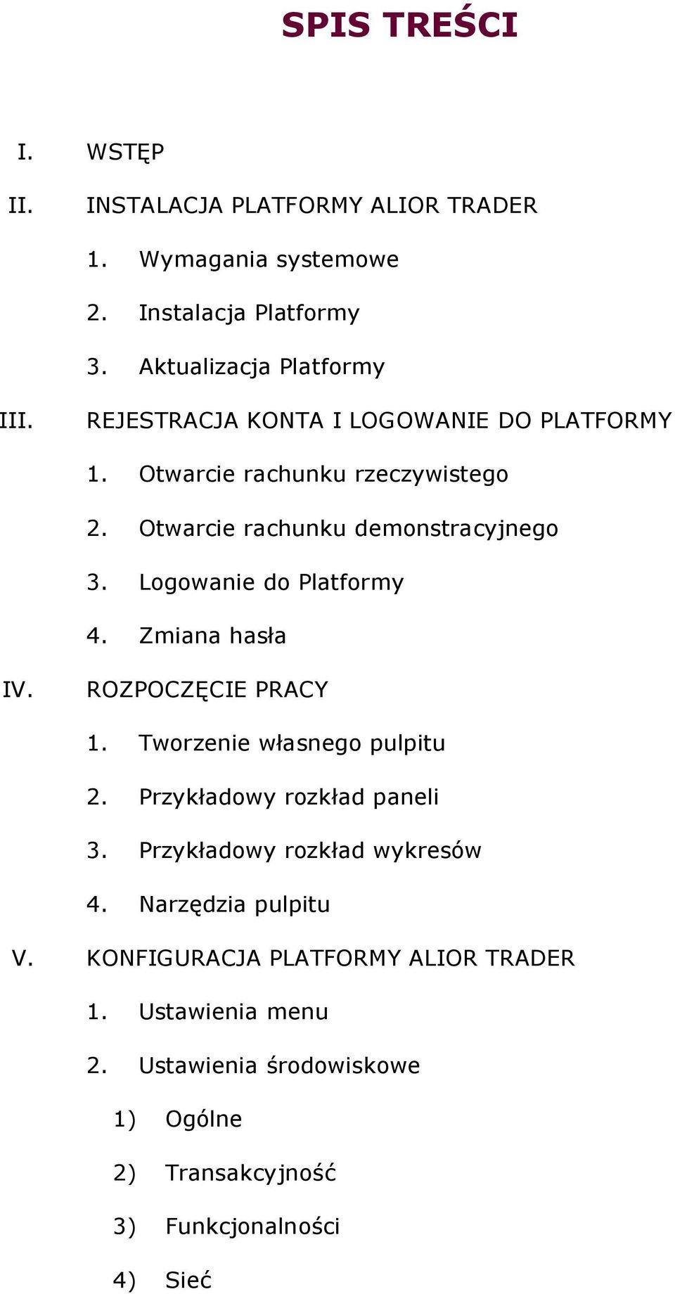Logowanie do Platformy 4. Zmiana hasła IV. ROZPOCZĘCIE PRACY 1. Tworzenie własnego pulpitu 2. Przykładowy rozkład paneli 3.