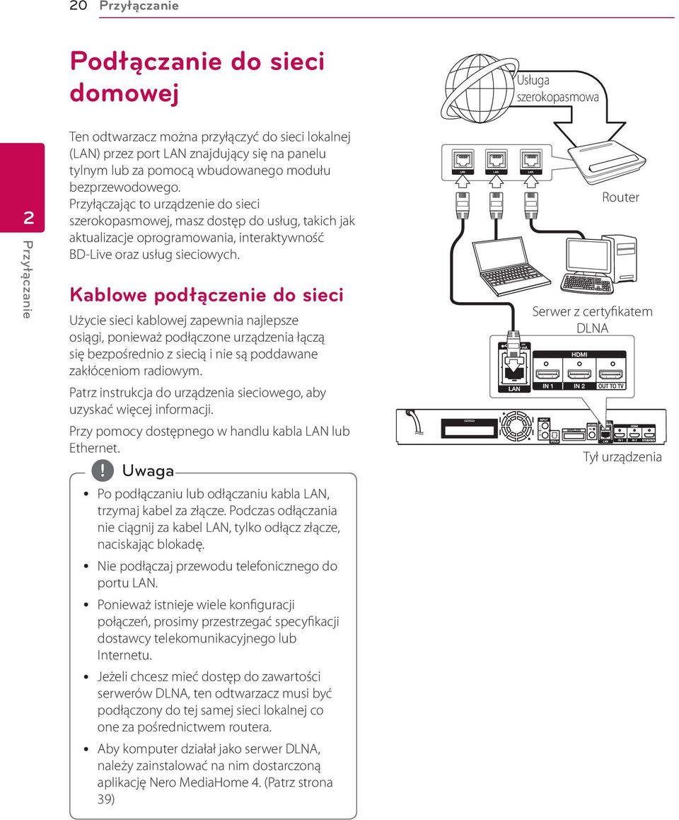 Kablowe podłączenie do sieci Użycie sieci kablowej zapewnia najlepsze osiągi, ponieważ podłączone urządzenia łączą się bezpośrednio z siecią i nie są poddawane zakłóceniom radiowym.