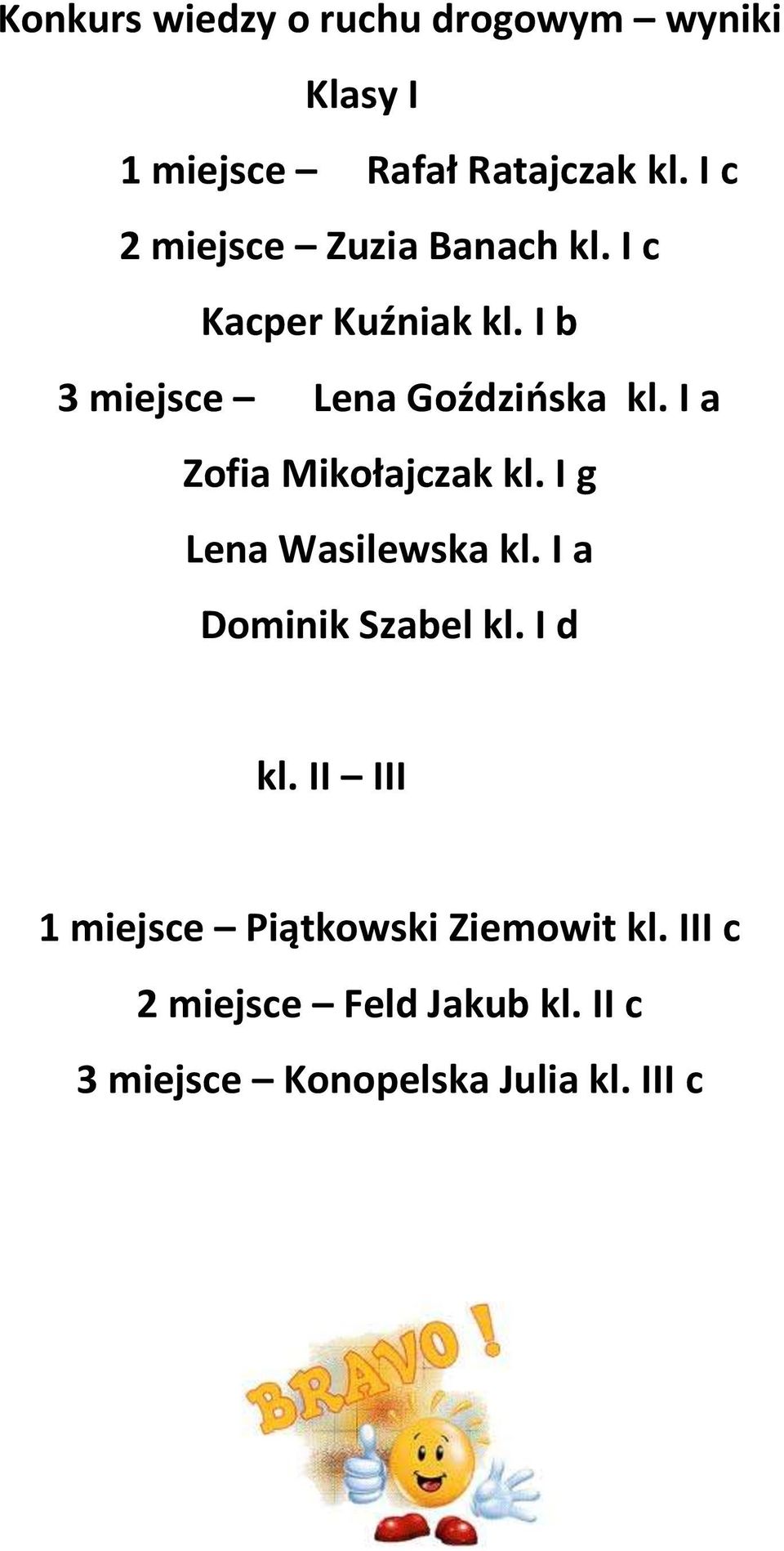 I a Zofia Mikołajczak kl. I g Lena Wasilewska kl. I a Dominik Szabel kl. I d kl.