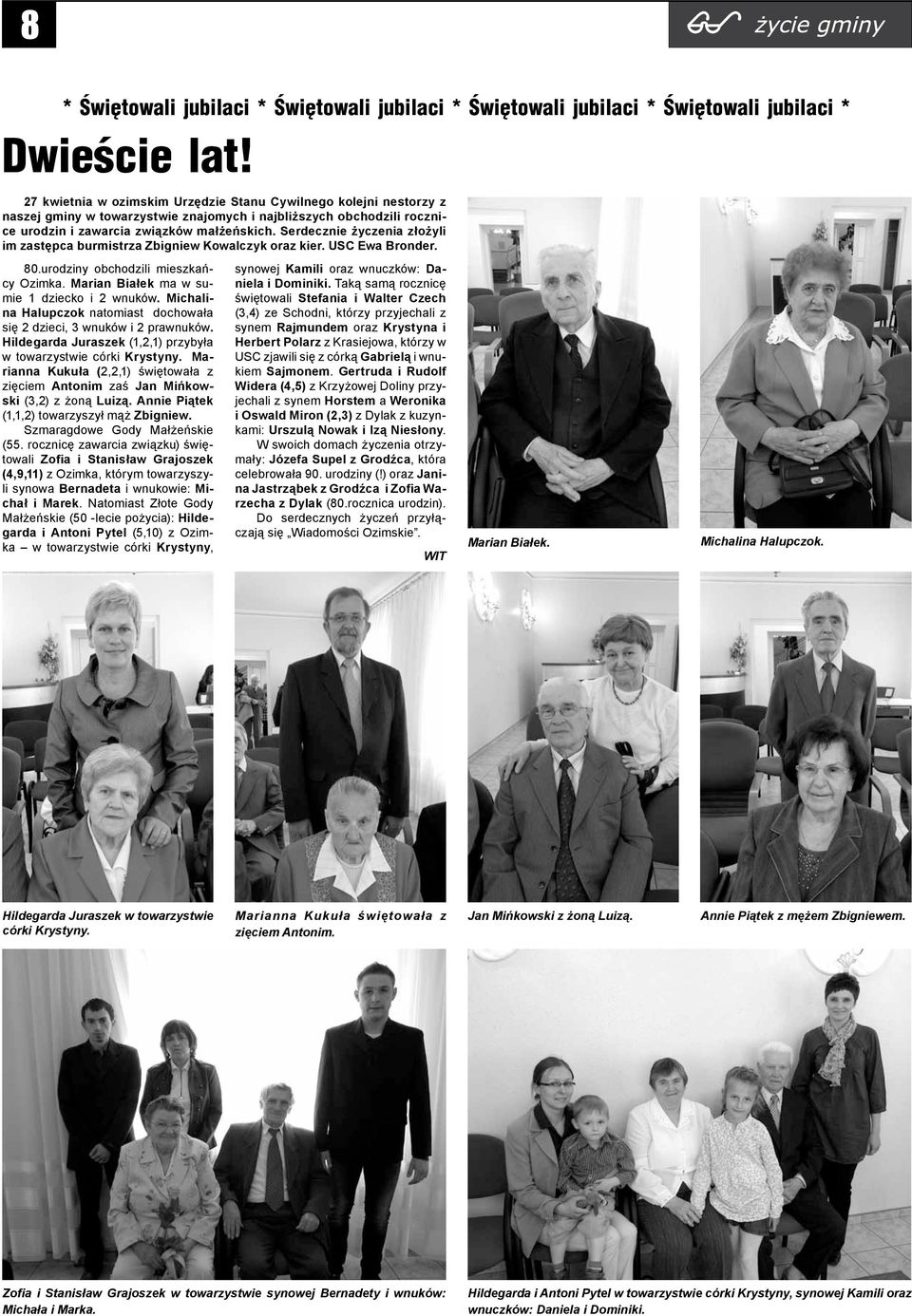 Serdecznie życzenia złożyli im zastępca burmistrza Zbigniew Kowalczyk oraz kier. USC Ewa Bronder. 80.urodziny obchodzili mieszkańcy Ozimka. Marian Białek ma w sumie 1 dziecko i 2 wnuków.