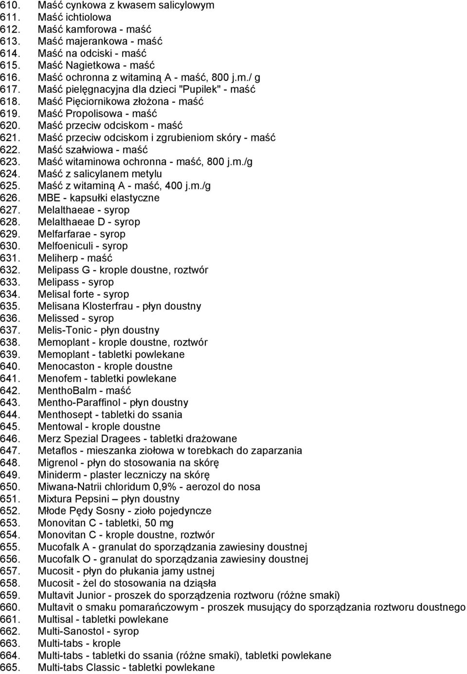 Maść przeciw odciskom - maść 621. Maść przeciw odciskom i zgrubieniom skóry - maść 622. Maść szałwiowa - maść 623. Maść witaminowa ochronna - maść, 800 j.m./g 624. Maść z salicylanem metylu 625.