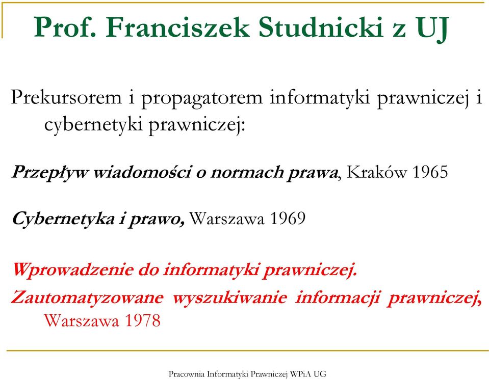 Kraków 1965 Cybernetyka i prawo, Warszawa 1969 Wprowadzenie do informatyki
