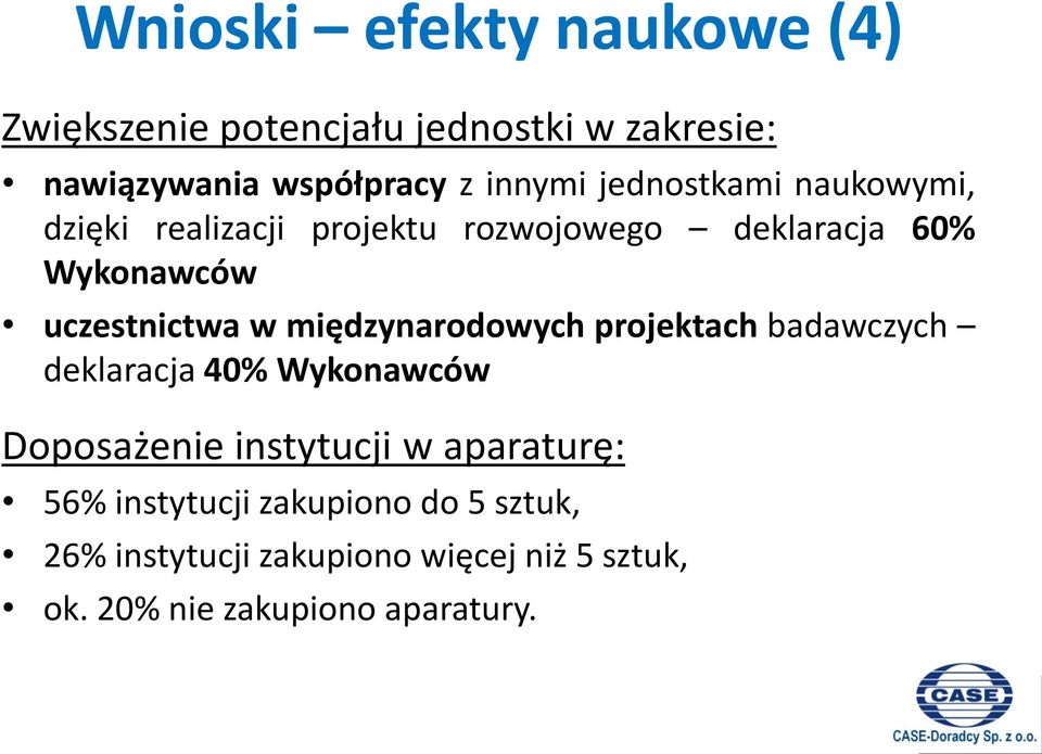 międzynarodowych projektach badawczych deklaracja 40% Wykonawców Doposażenie instytucji w aparaturę: 56%