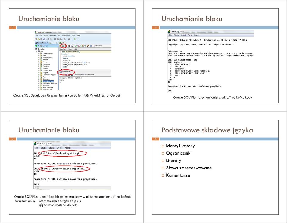 języka 15 16 Identyfikatory Ograniczniki Literały Słowa zarezerwowane Komentarze Oracle SQL*Plus: Jeżeli kod