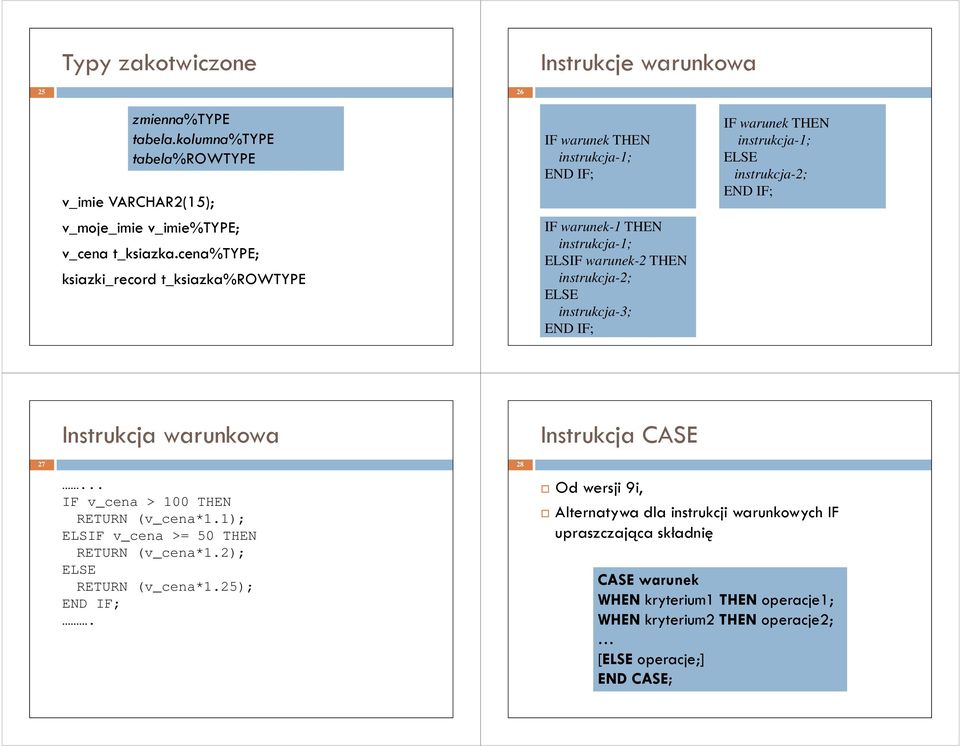 instrukcja-1; instrukcja-2; Instrukcja warunkowa Instrukcja CASE 27 28... IF v_cena > 100 THEN RETURN (v_cena*1.1); ELSIF v_cena >= 50 THEN RETURN (v_cena*1.