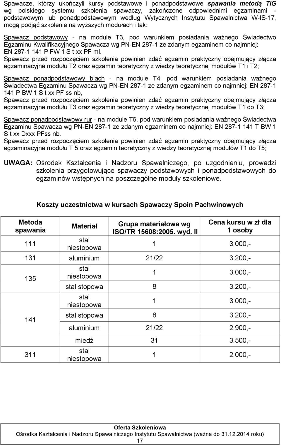 Spawacza wg PN-EN 287-1 ze zdanym egzaminem co najmniej: EN 287-1 141 P FW 1 S t xx PF ml.