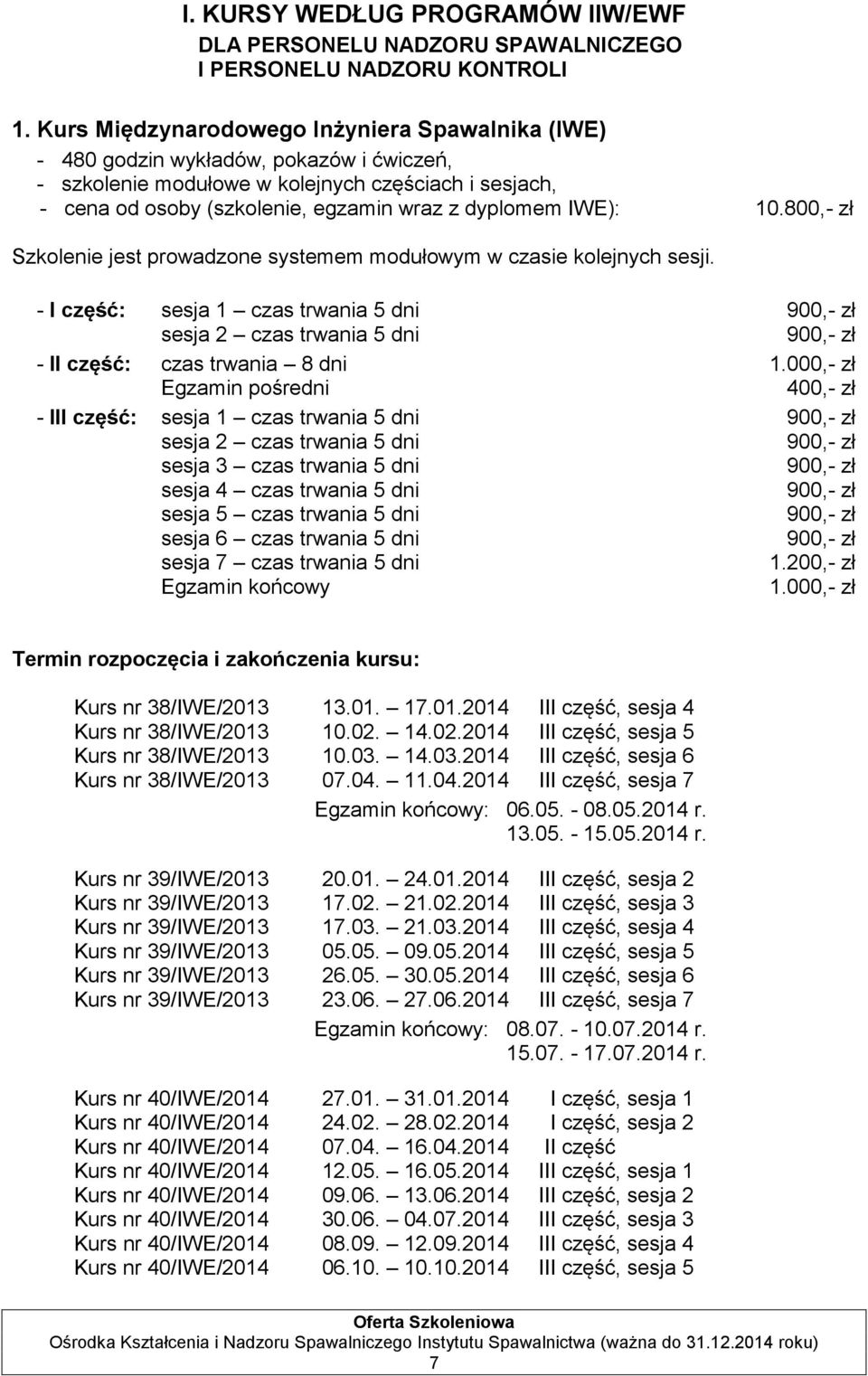 IWE): 10.800,- zł Szkolenie jest prowadzone systemem modułowym w czasie kolejnych sesji.