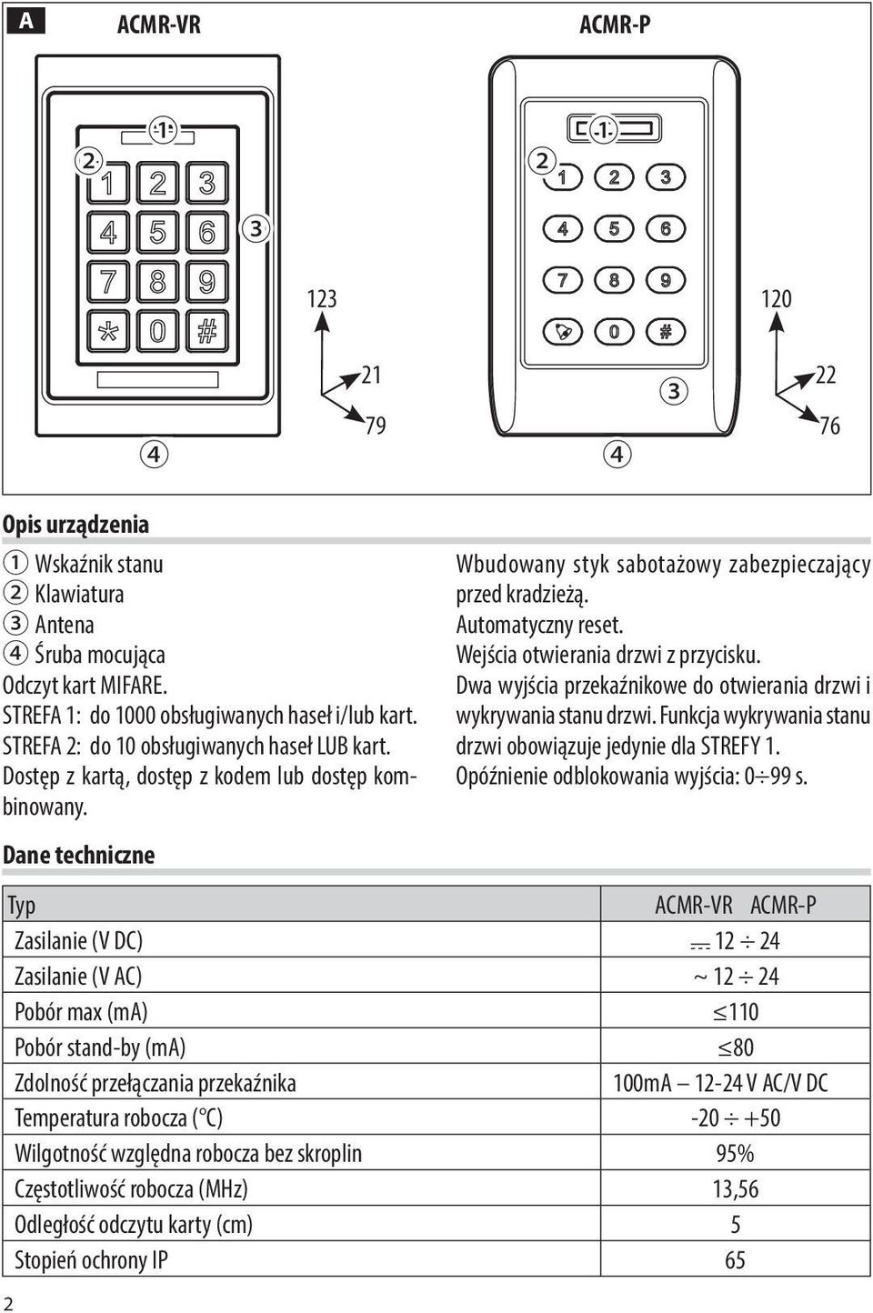 Dane techniczne Typ ACMR-VR ACMR-P Zasilanie (V DC) 12 24 Zasilanie (V AC) ~ 12 24 Pobór max (ma) 110 Pobór stand-by (ma) 80 Zdolność przełączania przekaźnika 100mA 12-24 V AC/V DC Temperatura