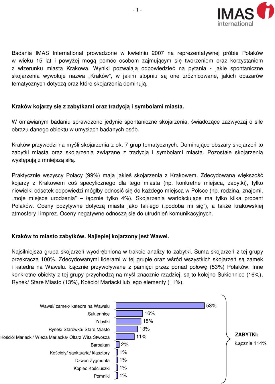 Wyniki pozwalają odpowiedzieć na pytania - jakie spontaniczne skojarzenia wywołuje nazwa Kraków, w jakim stopniu są one zróŝnicowane, jakich obszarów tematycznych dotyczą oraz które skojarzenia